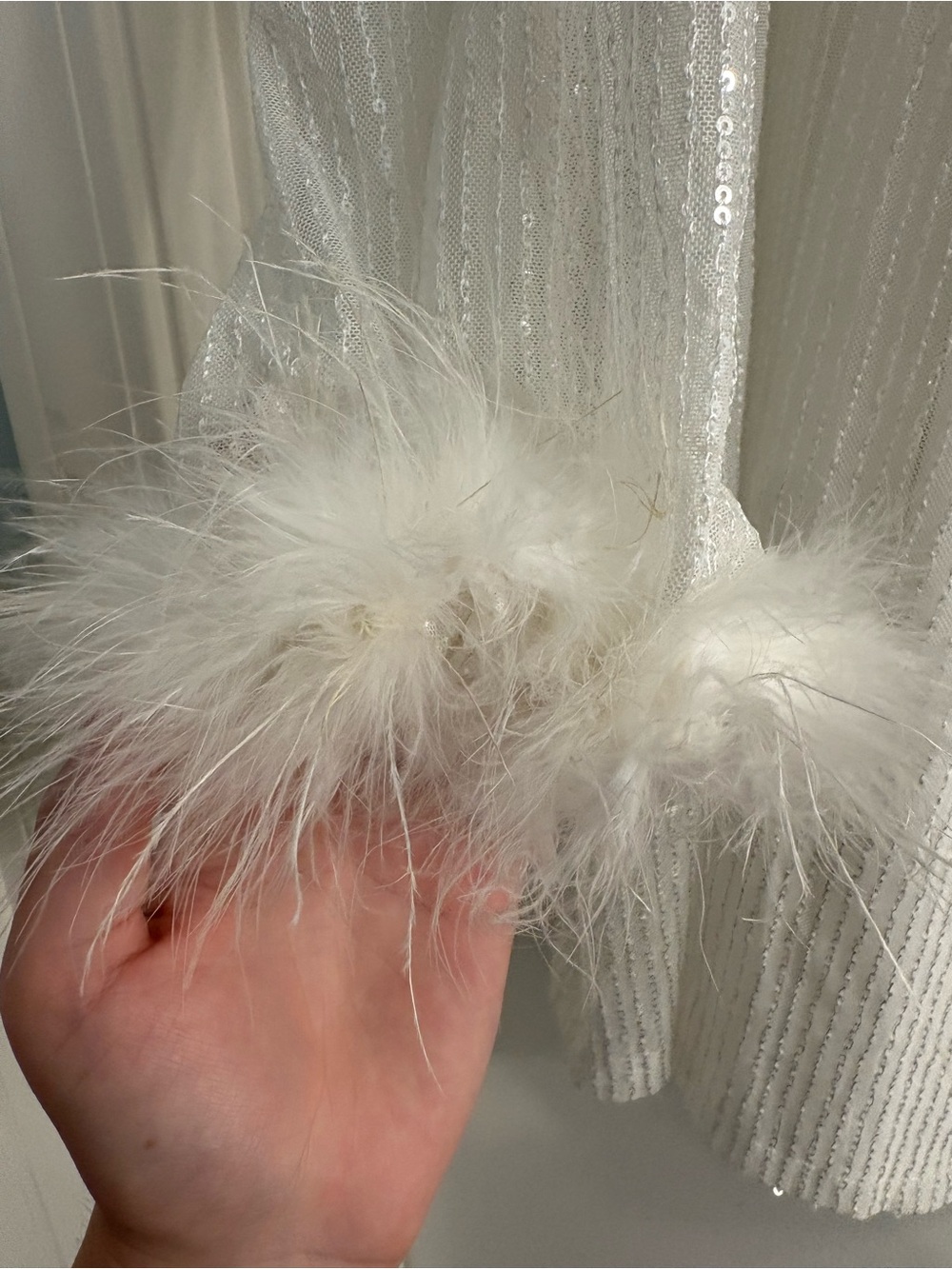 White Sequin Dress with Feather Cuffs - Picture 3 of 4